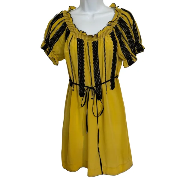 ANTHROPOLOGIE‎ FLOREAT Inky Quills Mustard Yellow Embroidered Silk Mini Dress 0 - Image 2