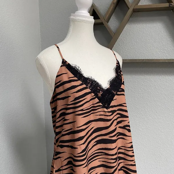 Socialite Tan Brown Black Lace Trim Cami Top Sleeveless Y2k Animal Print Grunge - Image 2