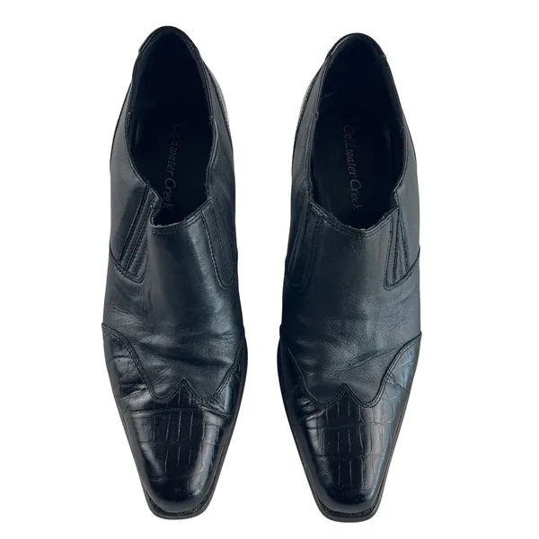 Coldwater Creek Black Leather Croc Embossed Pointed Toe Cone Heel Booties‎ 9.5M - Image 2