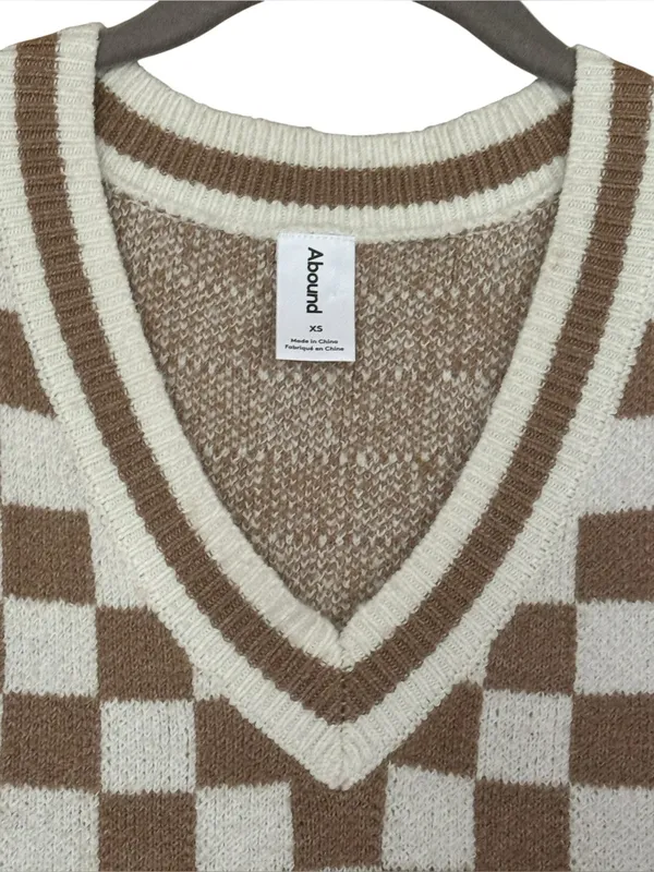 ABOUND Checkered V-Neck Sweater Vest XS 18” + p2p Tan Neutral EUC - Image 3