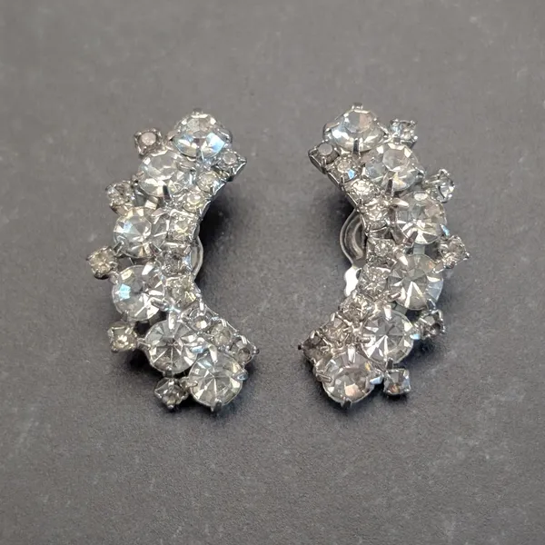 Vintage Clip On Earrings Large Curved Silver Tone & Clear Gems - Statement Glam - Image 3