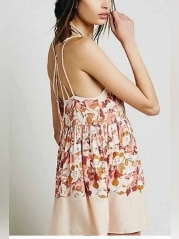 Free People Intimately Voile Floral Slip Mini Tunic Dress Peach XS Boho Rayon - Image 8