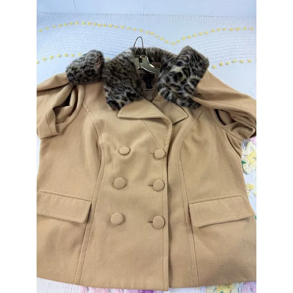 INC International Concepts Camel Wool Blend Leopard Faux‎ Fur Trim Pea Coat 2X - Image 6