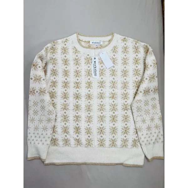 Workshop Republic Clothing Womens Sweater Size M Fair Isle Cream Gold Cozy - Image 4