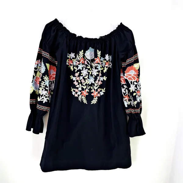 Free People Fleur Du Jour Mini Black Long Sleeve Embroidered Boho Dress Sz XS - Image 2