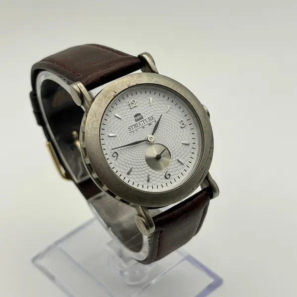 Vintage Structure Textured White Dial Brown Leather Strap Watch Working - Image 3