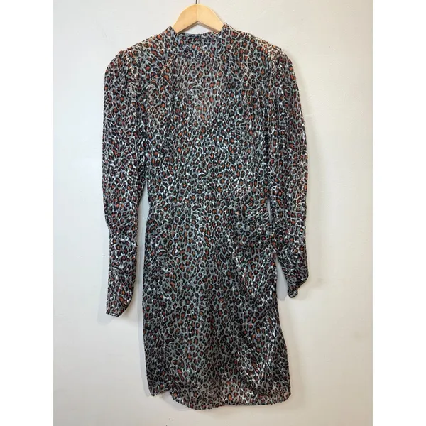 Scotch & Soda Leopard Print Mini Dress Women 34 Multicolor Mock Neck Sheer Party - Image 3