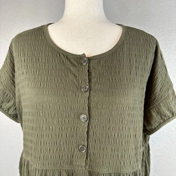 Madewell Oversized Tiered Mini Dress Size S‎ Green Crinkle Knit Cotton Blend - Image 2