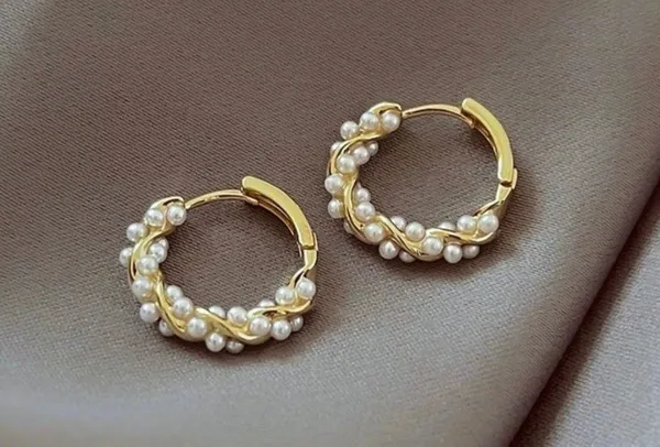 18K Gold Plated White Pearl Hoop Earrings for Women - Image 2