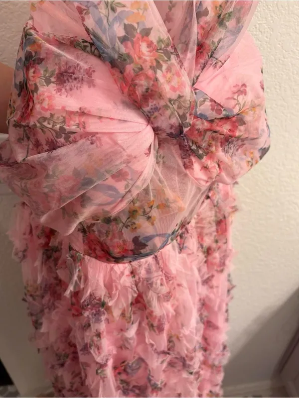 Feariesty Pink Floral Ruffle Strapless Formal Dress - Image 8