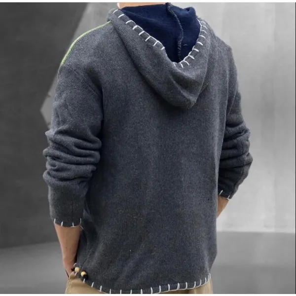 Hooded Sweater Gray Green Color Block Pocket Beads Toggle Button Boho Asymmetric - Image 3