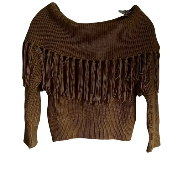 Angashion Off Shoulder‎ Fringe Gold Sweater - Image 2