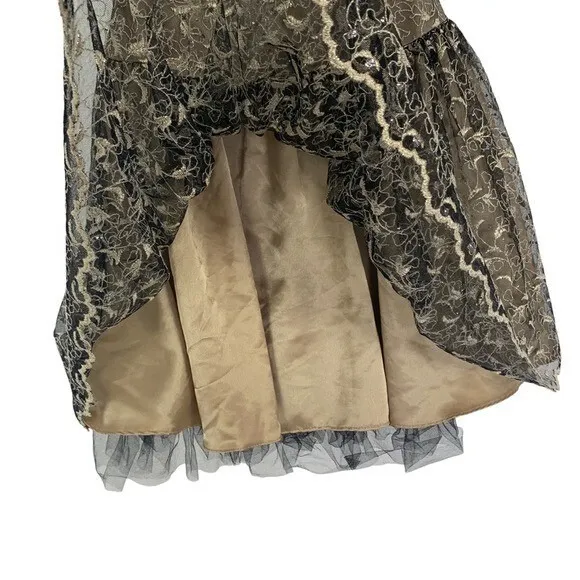 Jessica McClintock Gold Strapless Fit Flare Dress Floral Overlay Party‎ 2 Retro - Image 4
