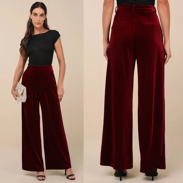 Lulus Chic Splendor Wine Red Velvet Pleated High-Rise Wide-Leg Pants Luxe Size M - Image 3