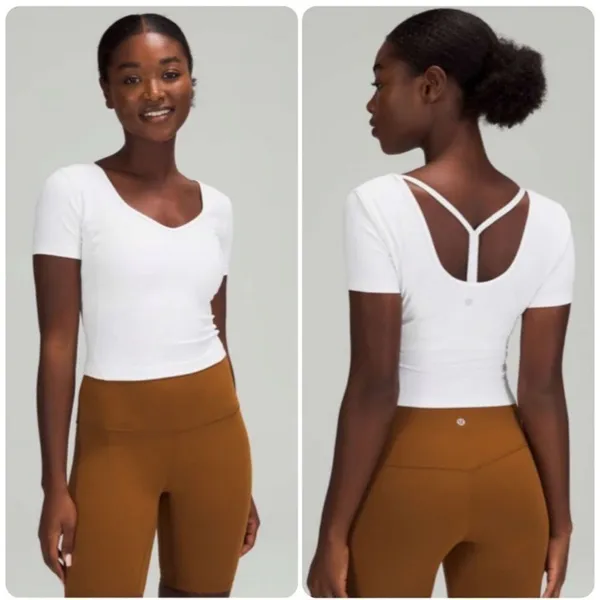 Lululemon Align Tee Short Sleeve Cropped Top White Size 6 V-Neck Open Back Shirt - Image 2