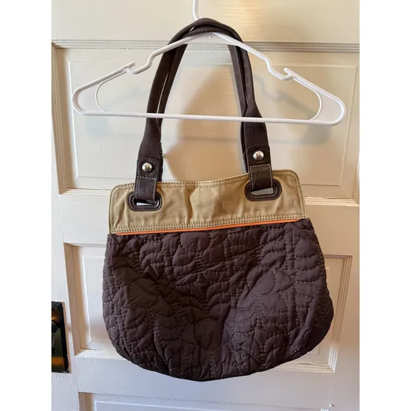Fossil Key Per Quilted Flower Tote‎ Bag Brown Canvas Leather Accents Key Charm - Image 2