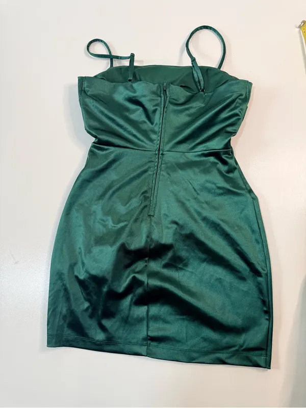 Windsor Satin Emerald Green Ruched Mesh-Inset Mini Dress - Image 3