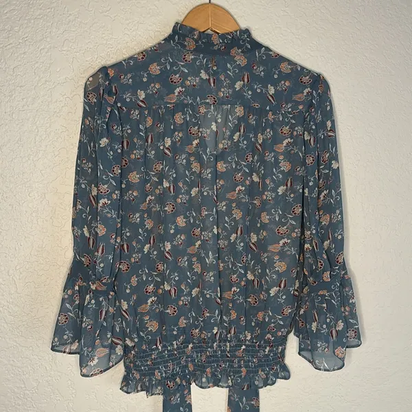 Misa NEW Revolve Blue Sheer Top Girly Feminine Coquette Preppy Floral Neck Tie - Image 7