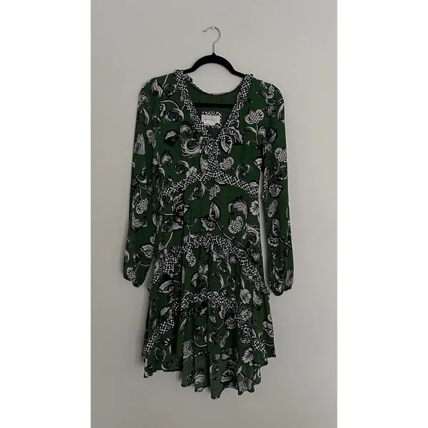 Anthropologie Robin Boho Tiered Ruffled V-Neck Dress Green Motif Size Small - Image 5