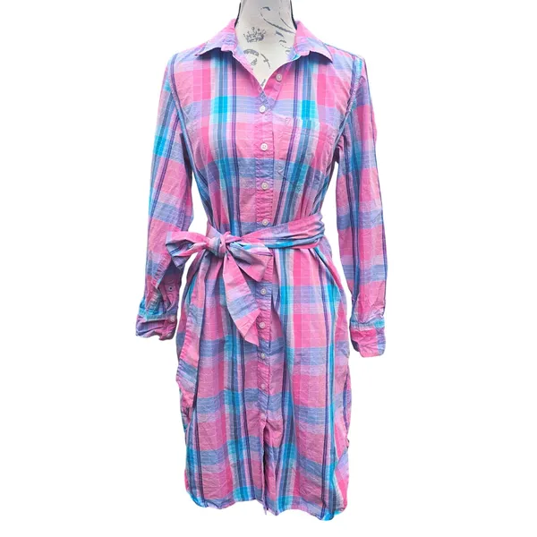 J. Crew Pink Blue Madras Plaid Cotton Shirt Dress Long Sleeve‎ AW560 Womens 2 - Image 3