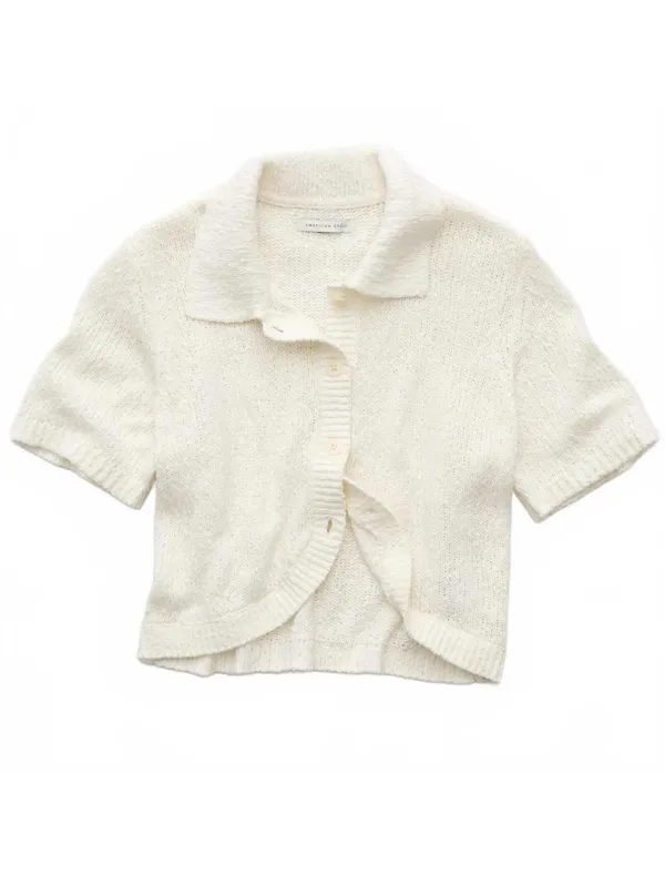 AE Cotton Short-Sleeve Collared Button-Up Cardigan American Eagle Cream NWT XL - Image 2