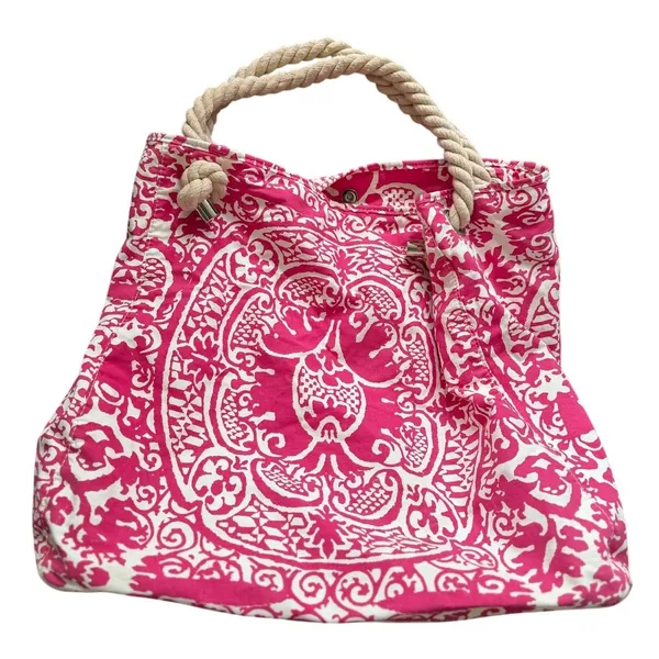 Donna Dixon Pink White Damask Canvas Rope Tote Bag Beach Resort Boho 18x18 - Image 2