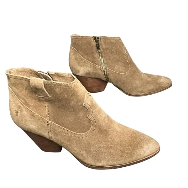 Frye‎ Reina Ankle Boots 10 Cognac Suede Western Ankle Zip Stacked Heel Booties - Image 5