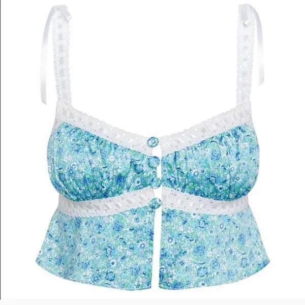 For Love & Lemons Alana Floral Print Lace Strap Cami Camisole Crop Top Size XXS - Image 6