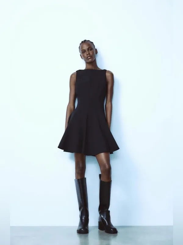 Zara Godet Hem Classic Black Fit-and-Flare Dress Medium - Image 4