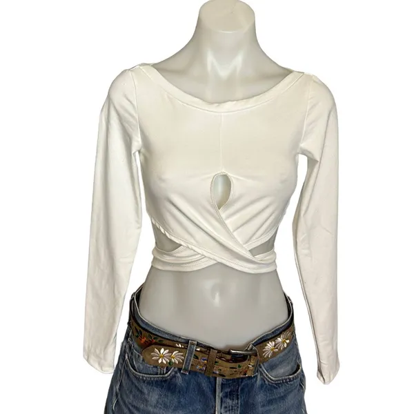 Lovers + Friends White Wrap Crop Top XS Waist Tie Long Sleeve Cut Out $105 NEW - Image 4