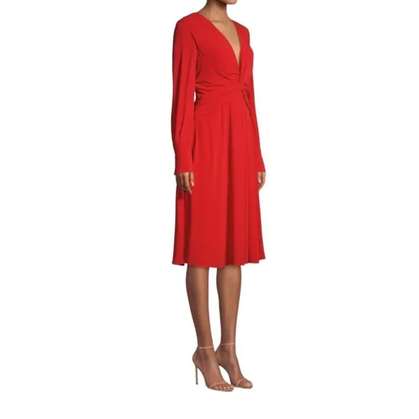 Equipment Femme Short Faun Red Twist Knot V Neck Midi Dress NWT Size 6 - Image 2