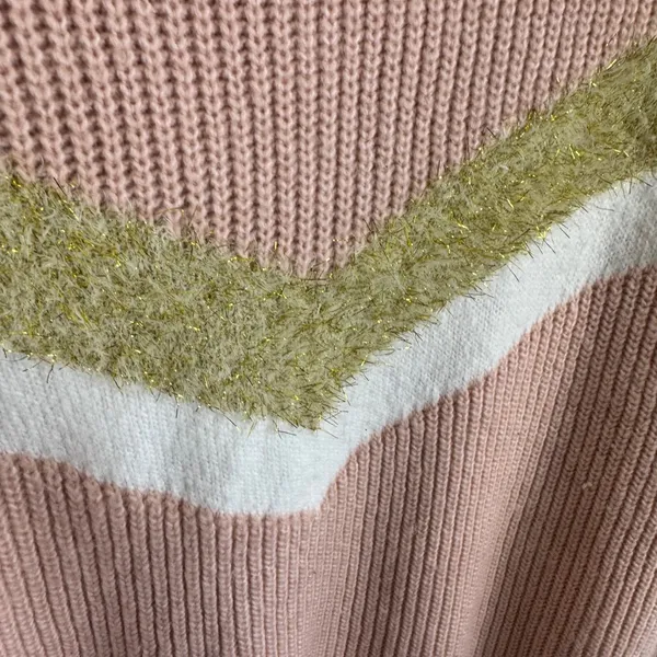 Nine West Womens Pink Ribbed Chevron Sweater Gold Metallic Stripe Cozy Size L - Image 4
