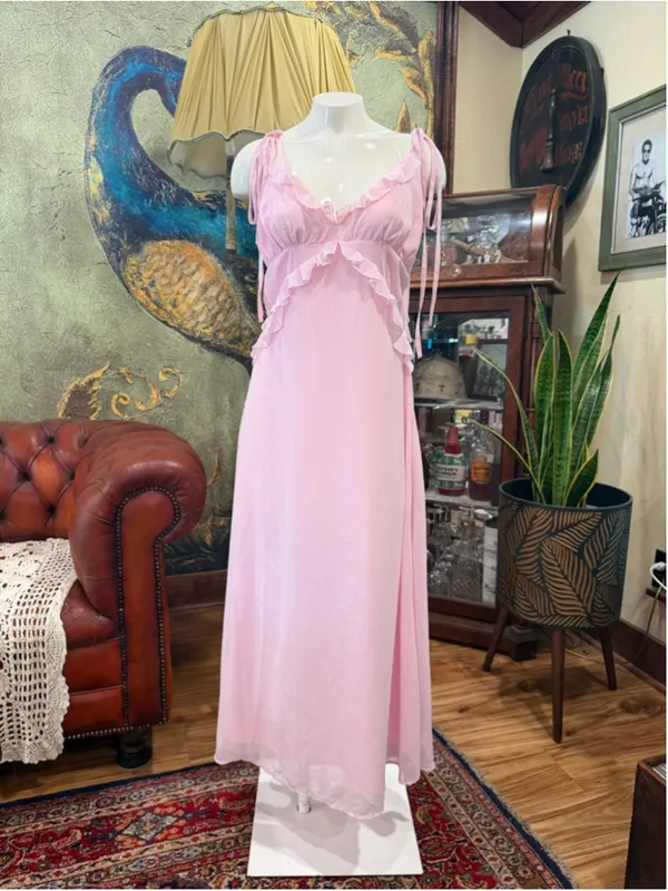 Cider Pink Ruffle Maxi Dress Chiffon Cottagecore Coquette Tie Shoulder Size XL - Image 3