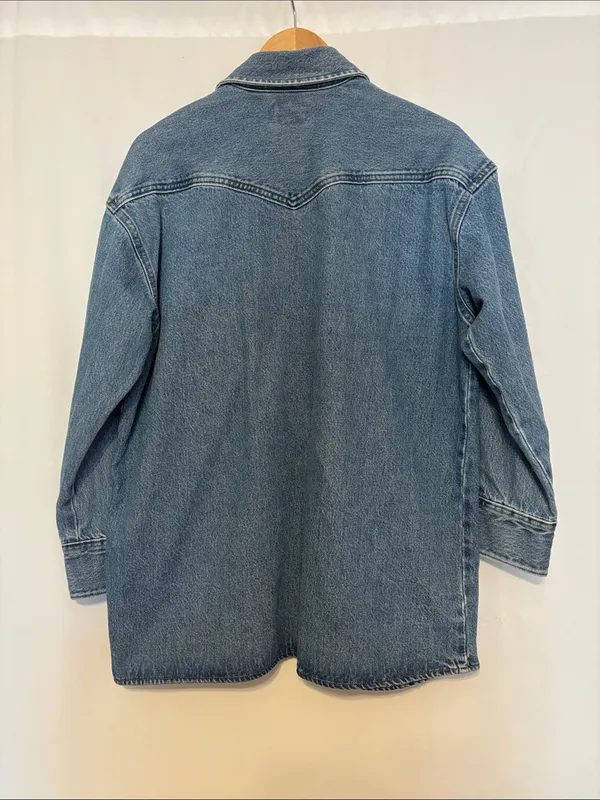 Levi's Denim Western Pearl Snap Shirt Oversized Blue Medium Wash XS - Image 4