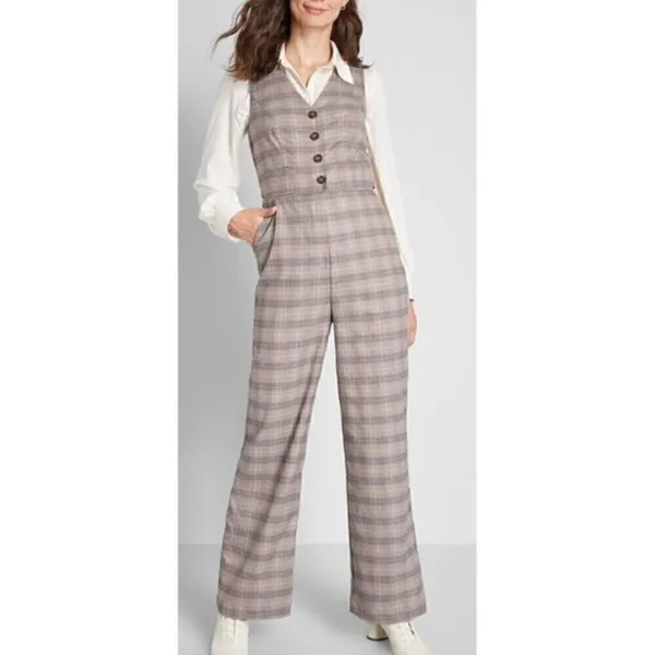 NEW NWT MODCLOTH Plaid Appeal Vest Jumpsuit Tan Brown Blue Sleeveless Retro 70s - Image 4