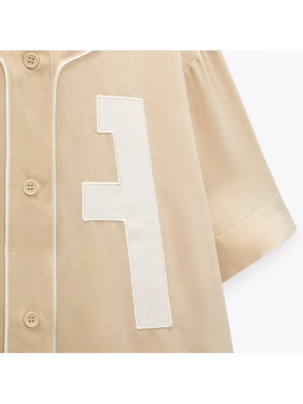 Zara Beige Short-Sleeve Button Front Top with White Number Patches - Image 3