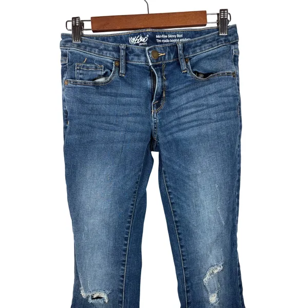 Mossimo Skinny Boot Jeans Women Size 2 Blue Mid Rise Distressed Ripped Knee Y2K‎ - Image 2