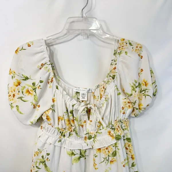 Altar'd State XS Milkmaid Dress Floral Puff Sleeve Tiered White Cottagecore 1308 - Image 3