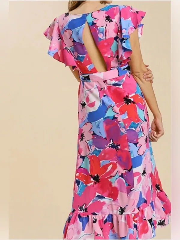Umgee Bright Floral Belted Midi Dress Size Small - Image 2