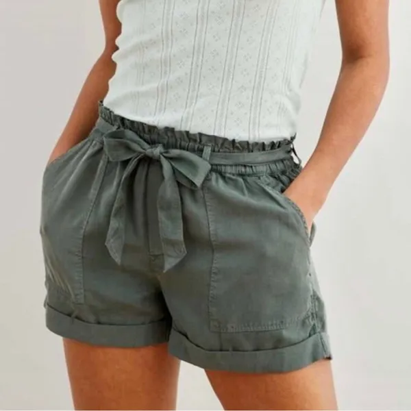 Aerie High Waist Pull On Elastic Waist Shorts Army Green Front Tie Detail‎ - Image 8