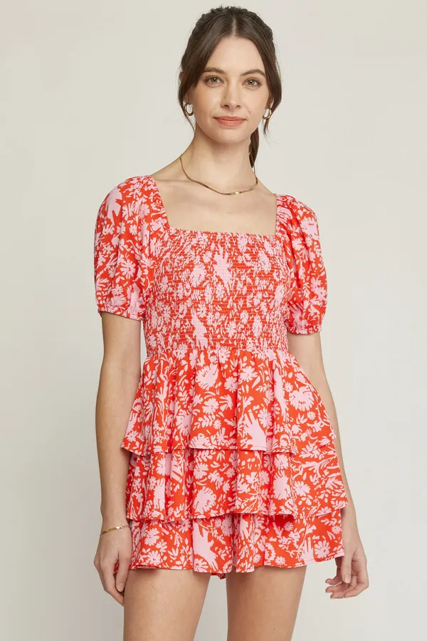 Entro Floral Patterned Smocked Puff Sleeve Ruffle Skirt Romper Dress - Image 2