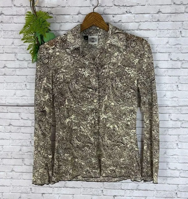 Vintage Rod’s Boho Lace Small Bell Sleeve Sheer Button Down - Image 2