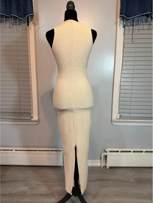 Pretty Little Thing Cream Textured Cut Out Maxi Dress Open Front Minimal Chic Resort Bodycon - Image 4