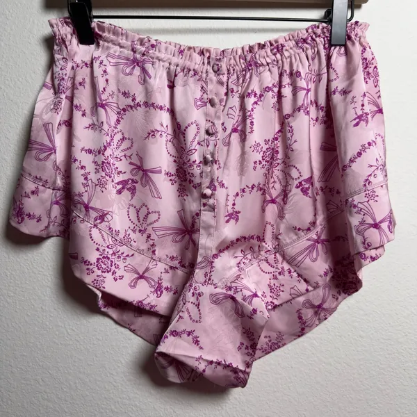 Free People Women PJ Set M Pink Beauty Sleep‎ Blushing Combo Bow Floral Peplum - Image 11
