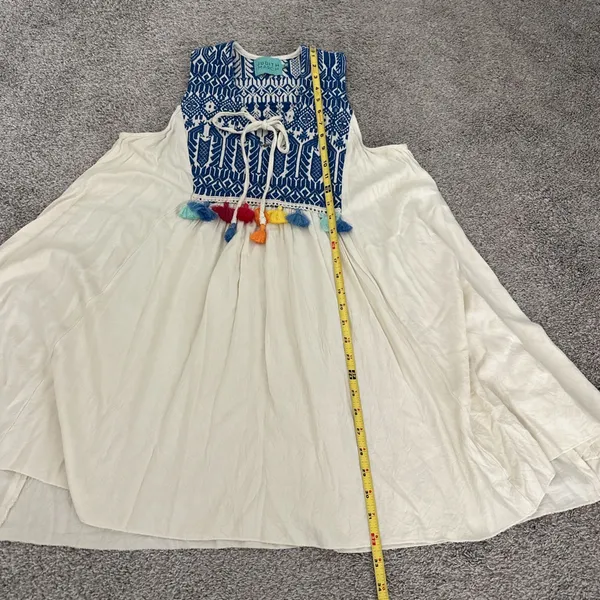 Judith March Cream Dress with Blue Embroidered Yoke and Colorful Tassels - Image 7