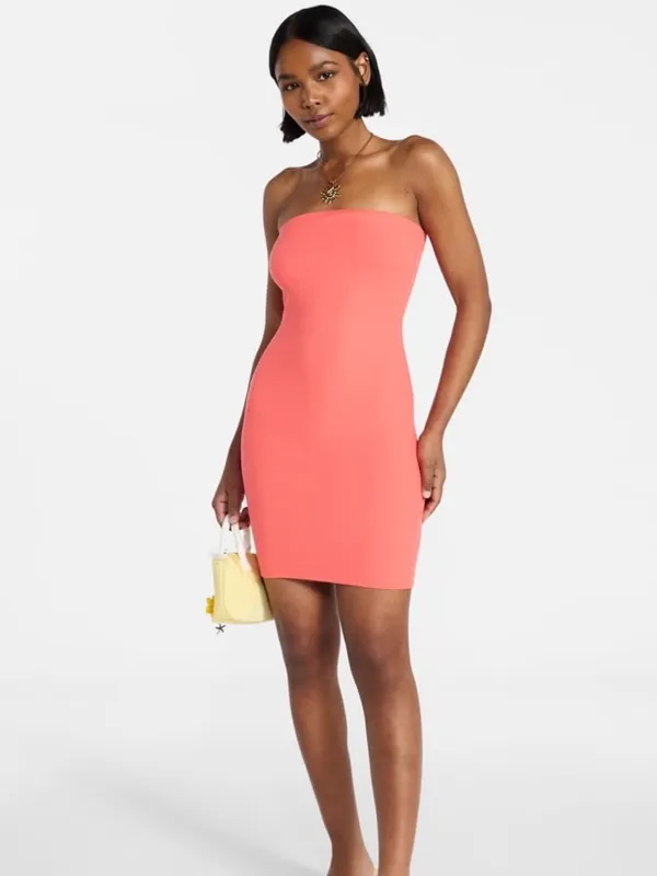 No Boundaries Strapless Coral Fire Bodycon Mini Tube Dress - Image 2