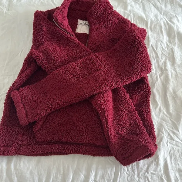 Hollister Cozy Cropped Sherpa Fleece Zip Jacket Burgundy‎ Maroon Warm Womens - Image 2