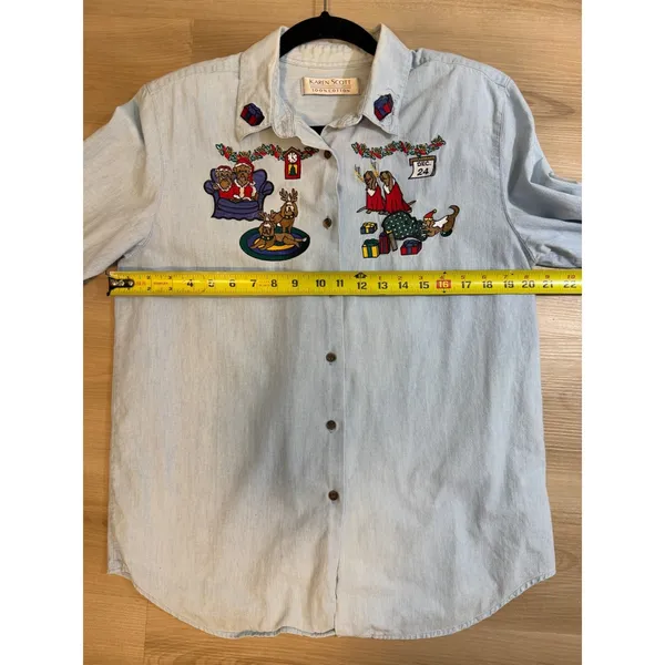 Karen Scott Button Down Shirt Blue M Women Christmas Dogs Embroidered Chambray - Image 11