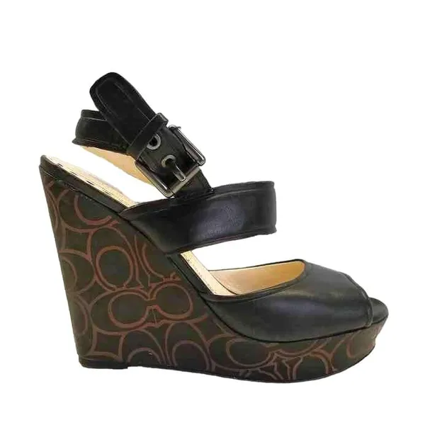 Coach Black Leather Open Toe Signature Monogram Wedges - Image 3