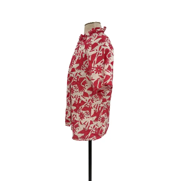 Nimo With Love Linen Bird Print Ruffle Neck Blouse‎ Red Cream Size XS - Image 5